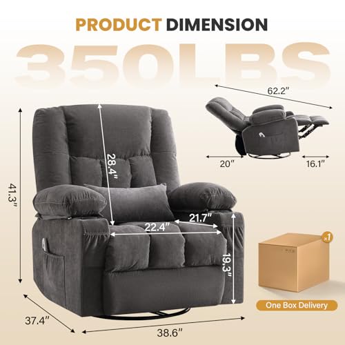 Swivel Rocker Recliner Chair with Vibration Massage and Heating Functions for Adults,Oversized Recliner Single Sofa with Side Pocket,Two Cup Holders for Living Room and Bedroom