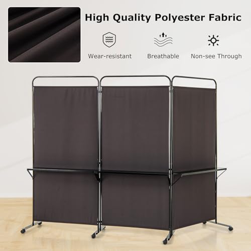 Giantex 3 Panel Room Divider with Wheels and Shelves, 103" W x 74" H Folding Privacy Screen, Rolling Partition Separator for Home Office Studio, Fabric Wall Divider for Room Separation (Brown) Giantex