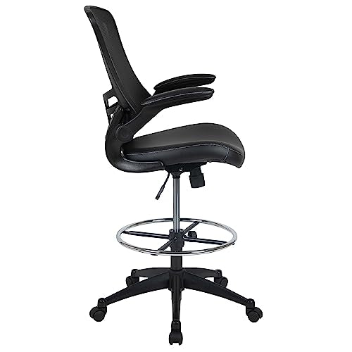 Flash Furniture Kelista Mid-Back Swivel Office Chair with Adjustable LeatherSoft Seat Height, Ergonomic Mesh Chair with Flip-Up Arms, Black Flash Furniture