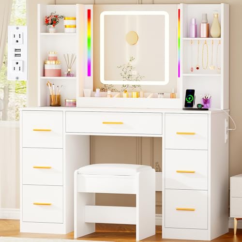 ANWBROAD Makeup Vanity Desk with Mirror and Lights 3 Colors Large Vanity Table with 7 Drawers & RGB Lights White Makeup Table with Charging Station 6 Storage Shelves Stool for Bedroom Women UBDT96W ANWBROAD