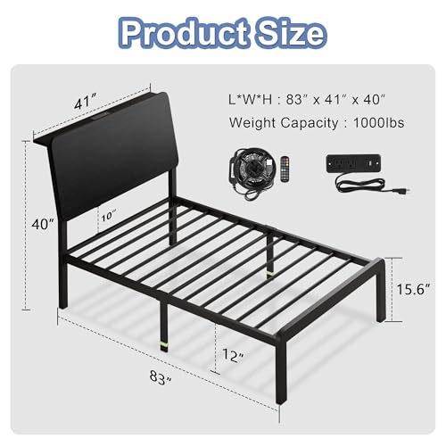 Feonase Twin Bed Frame with Ergonomic Storage Headboard & Charging Station, LED Platform Bed Frame, Heavy Duty Metal Slats, No Box Spring Needed, Easy Assembly, Black Feonase