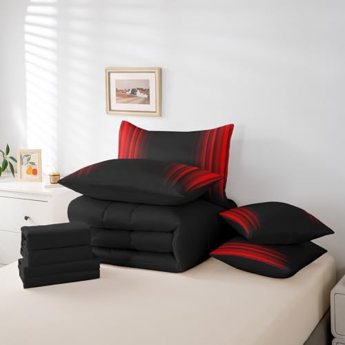 Feelyou Abstract Ombre Comforter Set with Sheets Kids Teens Red and Black 7 Piece Bedding Set Room Decor Twin Size Feelyou