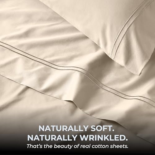 Mayil Manor 100% Natural Cotton Sheets Queen Size Bed Set | 500 TC Single-Ply Sateen Weave | Breathable & Hypoallergenic Solid 4-Piece Bedding with Deep Pocket Fitted, Flat, Pillowcase | Cream Beige Mayil Manor