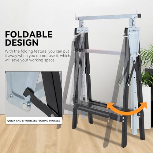 Auto Dynasty 2 Pack Saw Stand Sawhorse with Adjustable 7-Level Quick-Build Foldable Heavy Duty Miter Saw Horse Stand Max Capacity 440lbs, Black/Chrome Auto Dynasty