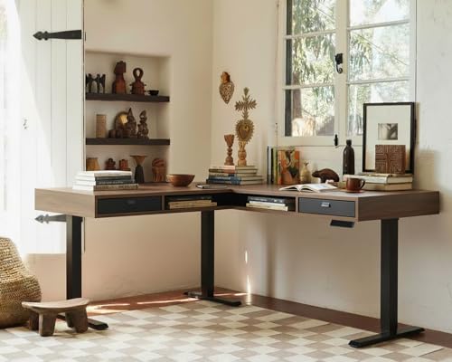 HUANUO Electric L Shaped Standing Desk, 63″x55″ Height Adjustable Corner Computer Desk with 2 Under Desk Drawers & Open Storage Sapce, Sit Stand Up Table with Power Strip Tray & Cable Grommets, Walnut HUANUO