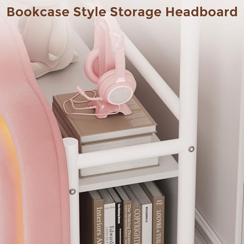 Full Velvet Upholstered LED Canopy Bed Frame with 2 Storage Drawers and Charging Station, Crown Headboard with Bookshelf, Two-Use Princess Platform Bed with 4 Removable Posts,Metal Slats Support-Pink Jocoevol