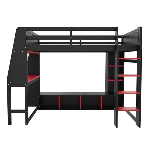 Full Size Gaming Loft Bed with Desk & RGB Light & Open Wardrobe,Wooden Loft Bed Frame with Storage Shelves,Safety Guardrails,Ladder and Under Bed play Space for Teens Adults,No Box Spring Needed,Black Harper & Bright Designs