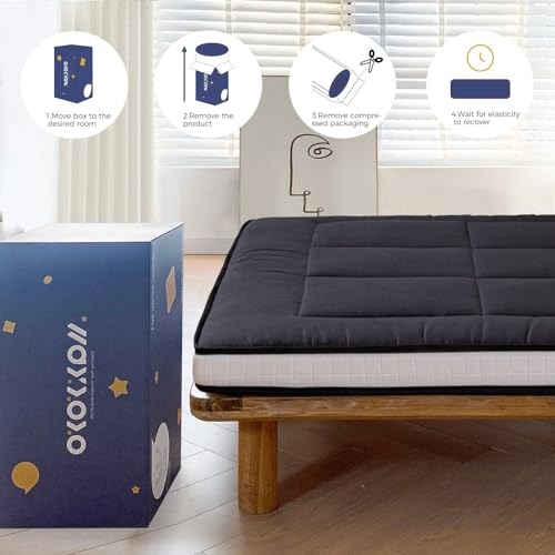 MAXYOYO Futon Mattress, Padded Japanese Floor Mattress Quilted Bed Mattress Topper, Extra Thick Folding Sleeping Pad Breathable Floor Lounger Guest Bed for Camping Couch, Black, Full Size MAXYOYO