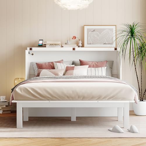 Harper & Bright Designs Queen Size Murphy Bed with Desk, USB Port, and Removable Shelves on Each Side, Queen Platform Bed Wood Frame, for Guest Room Home Office - White Harper & Bright Designs