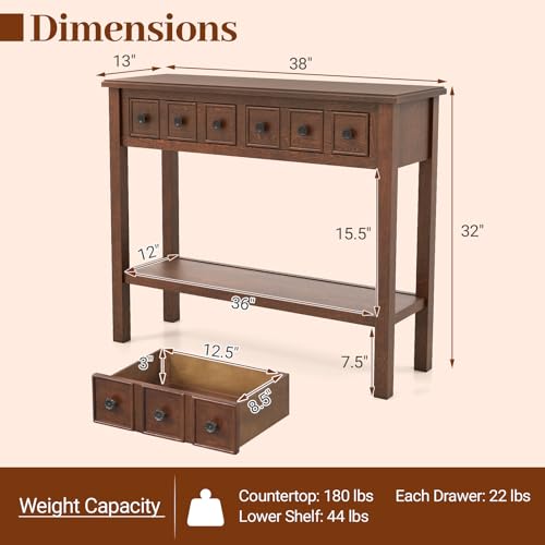 GOFLAME Narrow Console Table with 2 Drawers, 38” Rustic Sofa Table with Bottom Storage Shelf & Embossed Design, 2-Tier Vintage Entry Tables for Living Room, Entryway, Hallway, Walnut GOFLAME