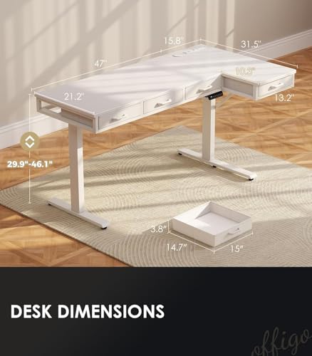 OffiGo 63 Inch L Shaped Electric Standing Desk with Drawers, Height Adjustable Large Desk with Power Outlets, Sit Stand Table, Writing Computer Desk for Home, Office, Workstation,White OffiGo