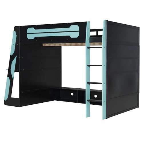 KLMM Modern Full Size Wood Gaming Loft Bed with Desk and Charging Station, Multi-Storage Shelves and LED,for Kids Teens Adults Bedroom Use (Cloud Blue#RGB, Full) KLMM