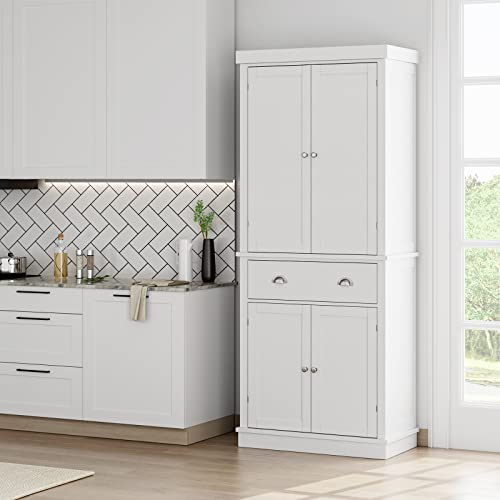 FOTOSOK 72" Utility Pantry Storage Cabinets for Kitchen, Dining Room, Living Room, White , Freestanding Cupboard with 4 Doors, Drawer, 4 Shelves FOTOSOK