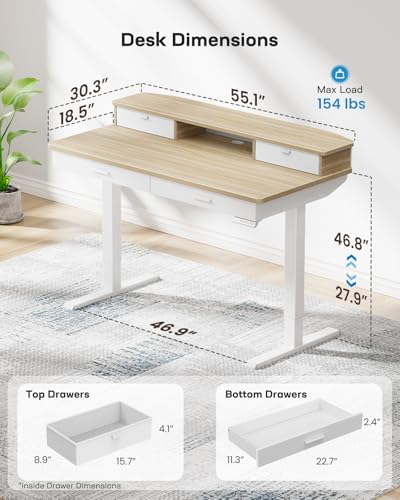HUANUO 55 x 30 inch Electric Standing Desk with Wood Drawers, Adjustable Height Sit Stand Home Office Desk with Two Tiers, Ergonomic Adjustable Stand up Desk C-Clamp Monitor Mount Compatible, Natural HUANUO
