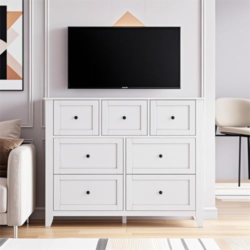 GarveeHome White 7 Chest of Drawer Dresser, Modern Storage Cabinet, Wood Organizer TV Stand for 48 inch TV, Bedroom, Living Room, Entryway GarveeHome