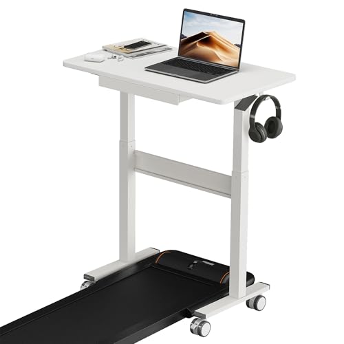 DAWNYIELD Standing Desk for Walking Pad with Wheels, Pneumatic Cordless Height Adjustable Rolling Desk, Mobile Computer Workstation with Drawer Hook Locking Casters for Treadmill & Home Office, White DAWNYIELD
