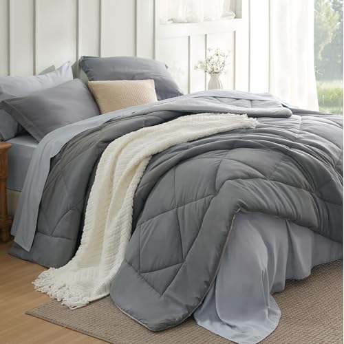 Bedsure Twin Comforter Set - 5 Pieces Reversible Grey Bedding, Twin Size Bed Set for All Seasons, Bed in a Bag with Down Alternative Comforter, Sheets, Pillowcase & Sham Bedsure