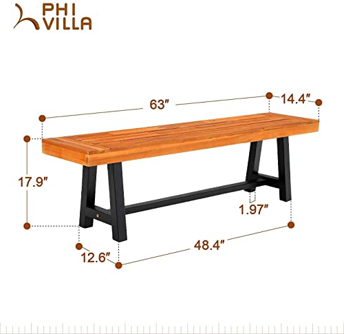 PHI VILLA 63" Acacia Wood Backless Picnic Bench Set – Durable Outdoor Dining Benches for 6 People, Classic Brown and Black PHI VILLA