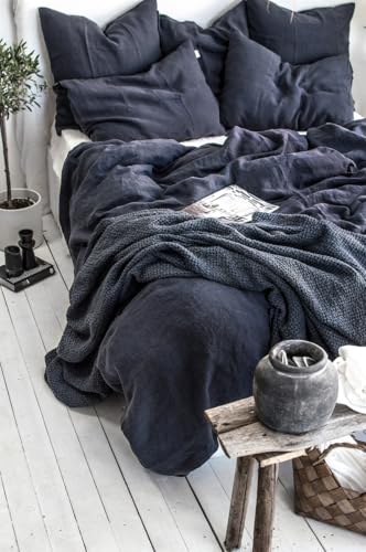 Ghasiram Textiles, Graphite Blue Linen Bedding Set - Duvet Cover & 2 Pillowcases - King Queen Full Double Twin Single - Anthracite Gray Blue Washed Soft Linen (Queen XL 90x98) Generic