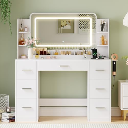 JUMMICO Makeup Vanity Desk with Large Mirror and LED Lights, Vanity with Power Strip and Hairdryer Holder, 6 Open Shelves and 7 Drawers Modern Dressing Table, for Bedroom (White) JUMMICO