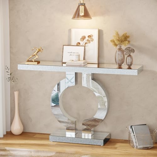 Tribesigns Modern Mirrored Console Table, Glass Sofa Table with Mirror Finish, 43-Inch Entryway Table with O-Shaped Base, Rectangular Accent Foyer Table for Living Room Hallway Entrance (Silver) Tribesigns