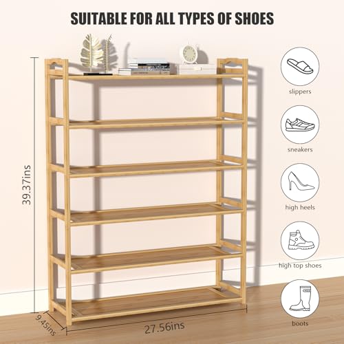 RESTSUKO 6-Tier Free Standing Shoe Racks, Bamboo Wood Shoe Rack for Entryway & Closet, Holds up to 24 Pairs of Shoes RESTSUKO