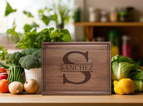 Walnut Artisan Personalized Cutting Boards, Custom Anniversary or Housewarming Gift Idea, Wood Engraved Charcuterie Board for Couples and Newlyweds, Initial Design 050 Walnut Artisan Gallery