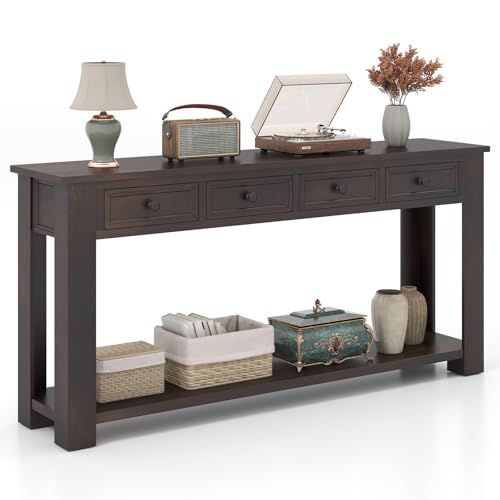 Giantex 63" Farmhouse Console Table with 4 Drawers, Modern Wood Entryway Table, Narrow Long Sofa Tables with Open Storage Shelf for Living Room, Hallway, Entrance, Foyer, Rustic Vintage, Espresso Giantex