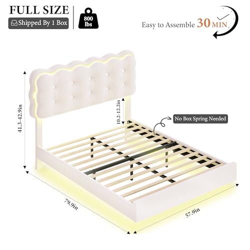 HIFIT Upholstered Full Size LED Bed Frame with Charging Station and Adjustable Crystal Button-Tufted Puffs Headboard, Velvet Princess Floating Platform Bed Frames for Girls, No Box Spring Needed,Beige HIFIT