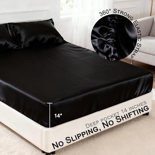 COZYXWORLD 4 Piece Satin Silky Sheet Set Queen Size, Deep Pocket Moisture Wicking Smooth Cooling Fabric Ice Silk Feel Hair Protection, Black COZYXWORLD
