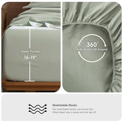 MooMee Bedding Sheet Set 100% Washed Cotton Linen Like Textured Breathable Durable Soft Comfy (Heathered Sage Green, King) MooMee