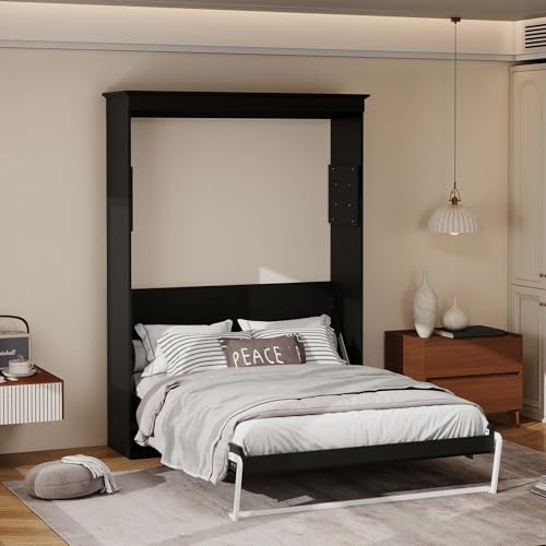 TrendTerrace Black Wood Full Size Murphy Bed: 61'' Space-Saving Wall Bed Cabinet Full for Multipurpose Area, Bedroom/Guest Room/Living Room, (Mattress Not Included) Wall Beds TrendTerrace