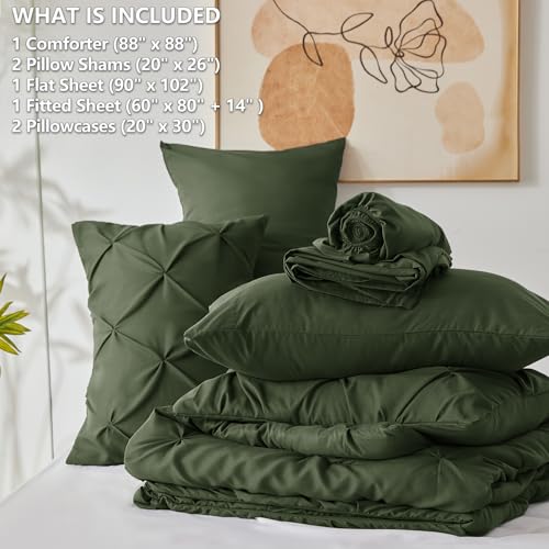 CozyLux Queen Comforter Set Olive Green, 7 Pieces Pintuck Bed in A Bag, Premium Green Comforter Queen Size, Pinch Pleat Bedding Sets with Comforter, Sheets, Pillowcases & Shams CozyLux