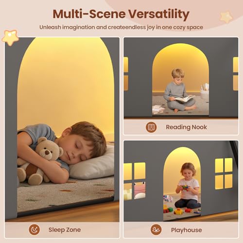 ADORNEVE Low Loft Bed Twin Size with Tent, 5 Storage Drawers, LED Lights, Metal Kids Loft Bed with Bookcase & Under-Bed Play Space,Twin Loft Beds with 13.8''H Safety Guardrail,Inclined Ladder, Black ADORNEVE