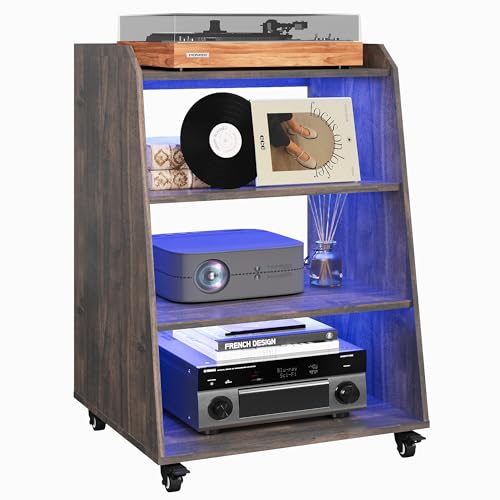 Rresyet 22.1" Record Player Stand with Charging Station & LED Lights,4-Tier Vinyl Record Storage with Wheel & Open Divided Shelves, Record Cabinet for Music Room, Living Room Rresyet