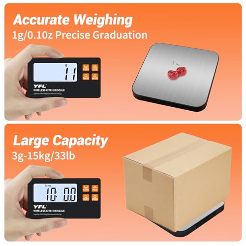 YFL Wireless Kitchen Scale with Detachable Remote Display, 33lb High Precision Digital Scale 1g/0.1oz, Tare Function 7 Units Food Scale for Cooking, Baking, Meal Prep & Dieting