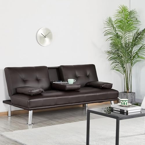 Futon Sofa Bed Modern Folding Couch for Small Space, Faux Leather Convertible Loveseat Sleeper Bed Daybed Recliner Lounge Sofas for Living Room,2 Cup Holders,Metal Legs,Removable Armrests (Brown) Anwick