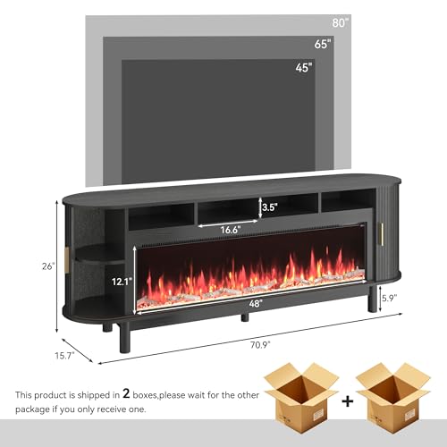BVIUNTWO 70 Inch Modern Fireplace TV Stand for TVs up to 80 inches, Mid Century TV Console with Solid Wood Legs, Sliding Doors & Curved Design,Media Console for Living Room, Black BVIUNTWO