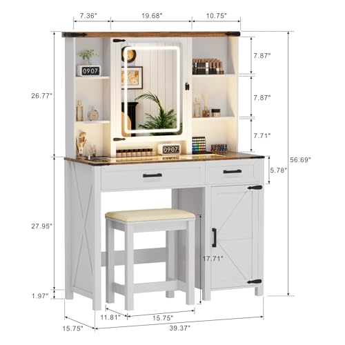 GlasFlength Farmhouse Makeup Desk with Mirror & Light 40'' Glass Tabletop Table with 2 Drawers & Hidden Jewelry Cabinet Rustic Big Vanity Charging Station Set Stool Included Bedroom, Vintage White GlasFlength