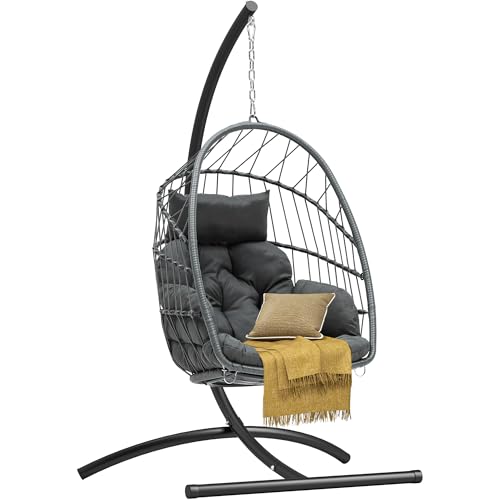DWVO Egg Chair with Stand, Hanging Outdoor Rattan Wicker Patio Hammock Indoor Egg Chair with Cushion, Hanging Swing Chair 300lbs for Porch, Garden, Bedroom, Balcony, Gray DWVO