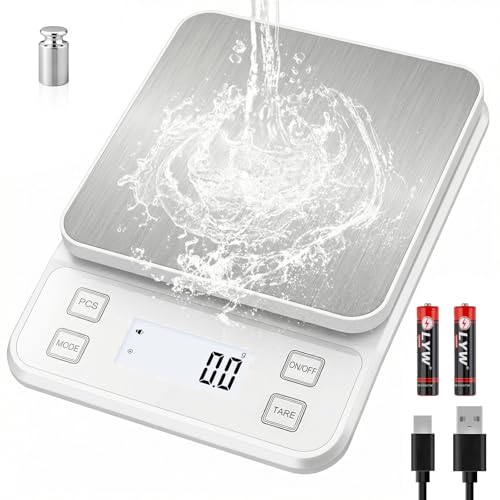 22lb Rechargeable Stainless Steel Scale, Diyife Large Kitchen Food Scale with 0.1g/0.001oz High Precision, LCD Display, 10 Unit, Waterproof IPX67, Washable, Hangable, for Baking, Cooking, White