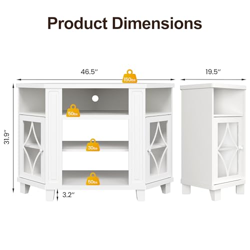 FansaFurn Corner TV Stands with 18'' Fireplace, Media Console Table with Adjustable Shelves & Acrylic Doors, Entertainment Center for TVs up to 55'', Corner Cabinet for Living Room, Bedroom, White FansaFurn