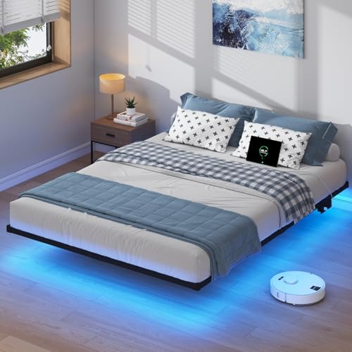 HAVONIZD Queen Floating Bed Frame with LED Lights and Charging Station - 10 inch Platform Bed Frame No Box Spring Needed, Easy Assembly HAVONIZD
