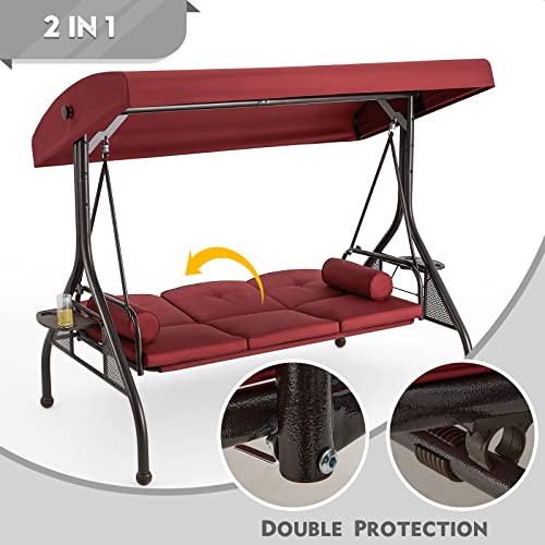 HOMREST 3 Seat Outdoor Porch Swing with Adjustable Canopy, Convertible Patio Swing Bed with Stand, Patio Glider Swing with Upgraded Cup Holder, Thicken Cushions & Pillow for Backyard (Wine Red) HOMREST
