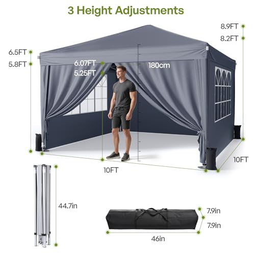 Driftalia 10x10 Pop Up Canopy with Sidewalls, Outdoor Instant Canopy Tent with Carry Bag for Commercial Events, Camping, Backyard Parties - Dark Grey Driftalia