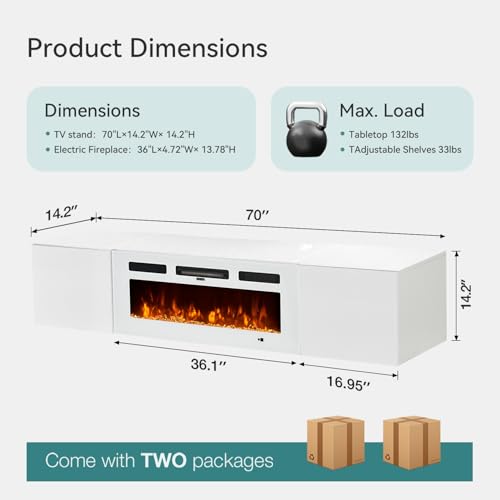 MXV 70'' Floating TV Stand, Modern Media Entertainment Center with 36" Electric Fireplace, TV Console Cabinet Wall Mounted, Adjustable 12-Color LED Lights, for Living Room, White + White MXV