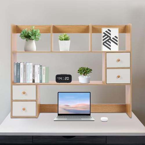 Wood Desk Hutch Organizer, Desktop Hutch with 8 Shelves & 4 Drawers, Vanity Desk with Hutch Top Only, Extendable Small Desk Shelf for Top of Desk, Desktop Bookcase Bookshelf for Home Office Generic