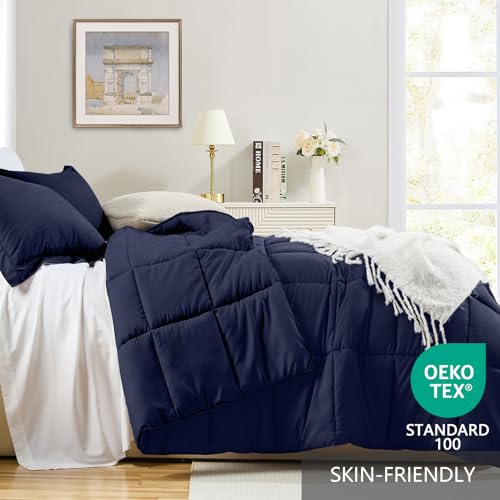 Homelike Moment Queen Comforter Set, Soft Down Alternative Bedding Set, Lightweight 3Pcs All Season, Solid-Navy Blue, Full/Queen Size Homelike Moment