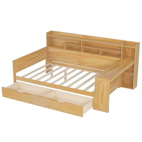 Bellemave Full Corner Bed Frame with Storage Shelves and Desk, Wood Full Size Daybed with Bookcase and Drawers, Natural Bellemave
