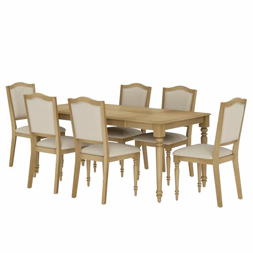 WAMPAT 7 Piece Dining Table Set, Rectangular Table for 6-8, 6 Dining Chairs with Upholstered Back & Rubber Wood Legs, Kitchen Table with Chairs for Dining Room, Oak WAMPAT